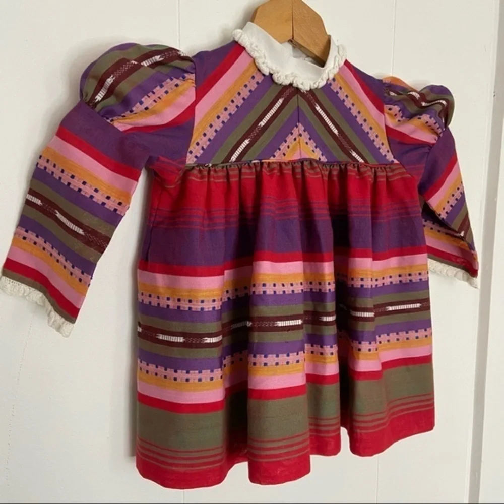 Vintage Nanette 1960’s 1970’s‎ toddler girl dress striped puff sleeve crochet 2T
